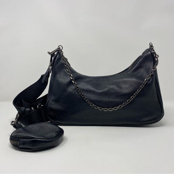 Black Faux Leather 2 in 1 Adjustable + Chain Straps Crossbody Shoulder Bag - Picture 15 of 15